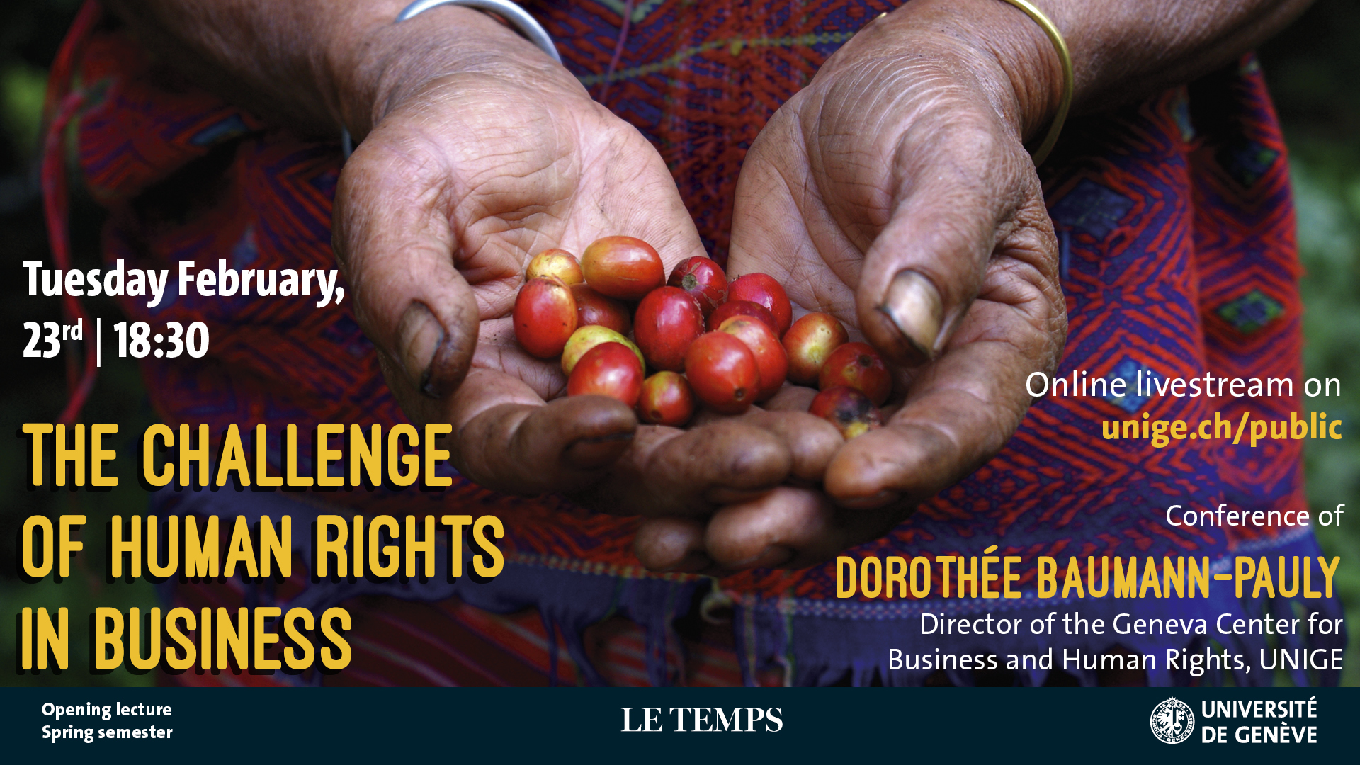 Title of Dorothée Baumann-Pauly’s presentation over a picture of hands holding fresh coffee beans